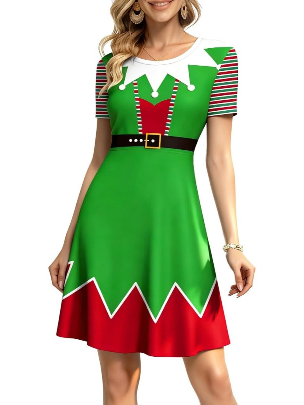 Women's Red Green Holiday Party Ugly Xmas Print Short Sleeves Christmas Dresses